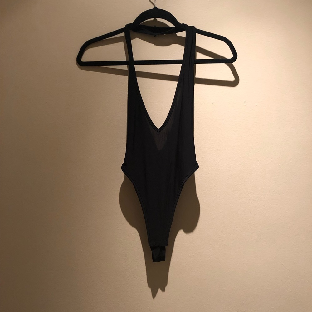 Plunge low thong black bodysuit